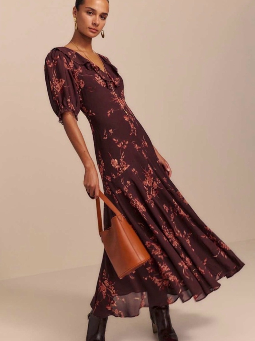 Reformation Evra Lace Georgette Burgundy Maxi Dress with Rust Floral Print - Picture 2 of 13